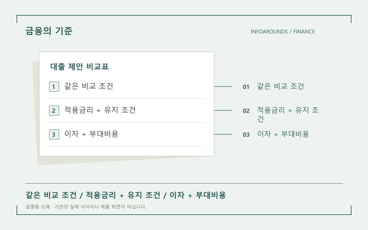 대출 제안을 금리, 우대조건, 수수료, 상환기간 네 항목으로 비교하는 기록표