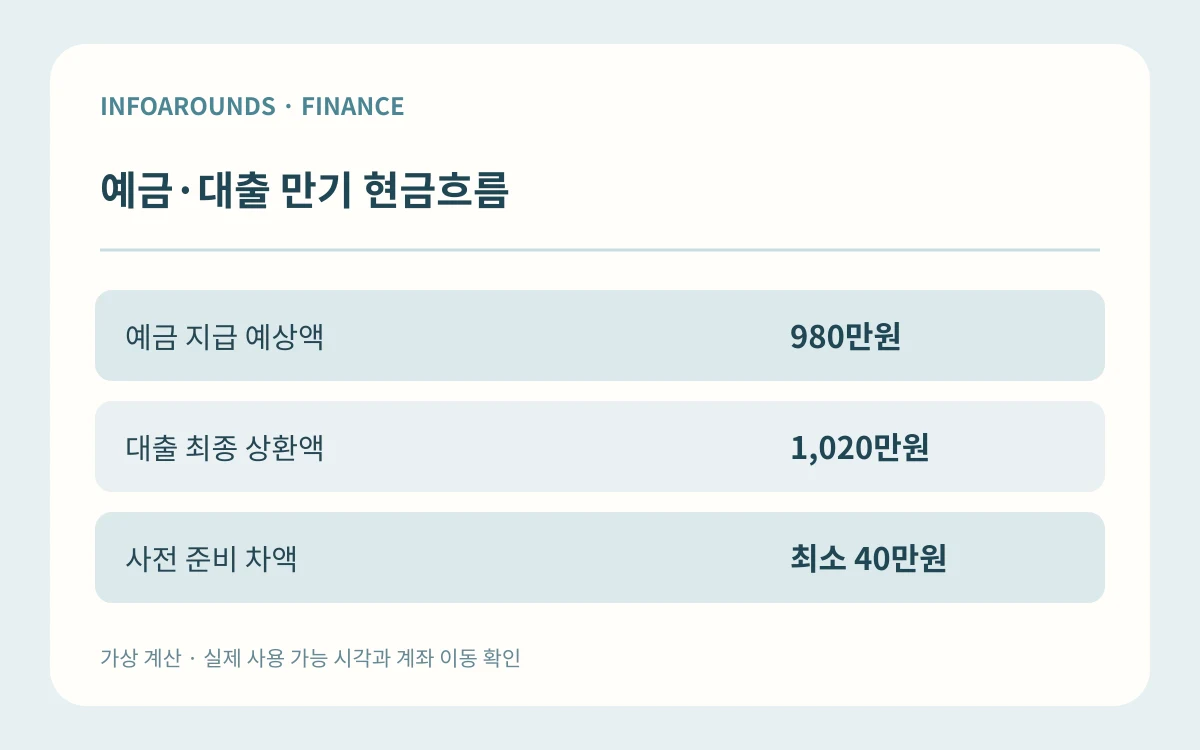 예금·대출 만기 현금흐름. 가상 예금 980만원, 대출 1,020만원, 차액 최소 40만원. 자체 제작 계산 그림