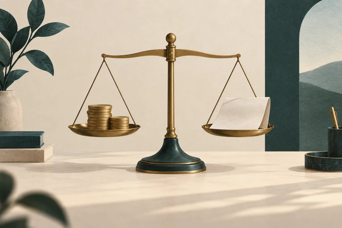 동전과 상환 서류를 양쪽에 올린 저울 일러스트