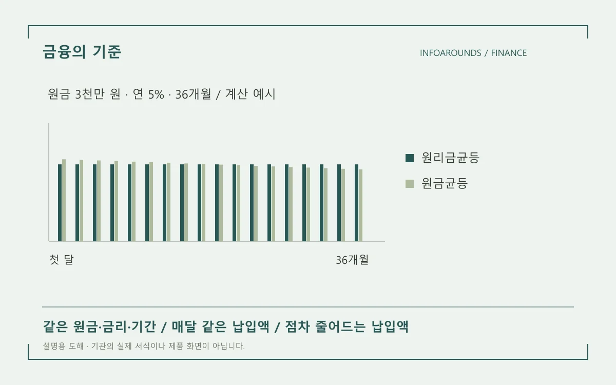 동일 조건에서 원리금균등의 일정한 납입액과 원금균등의 감소하는 납입액을 비교한 개념도