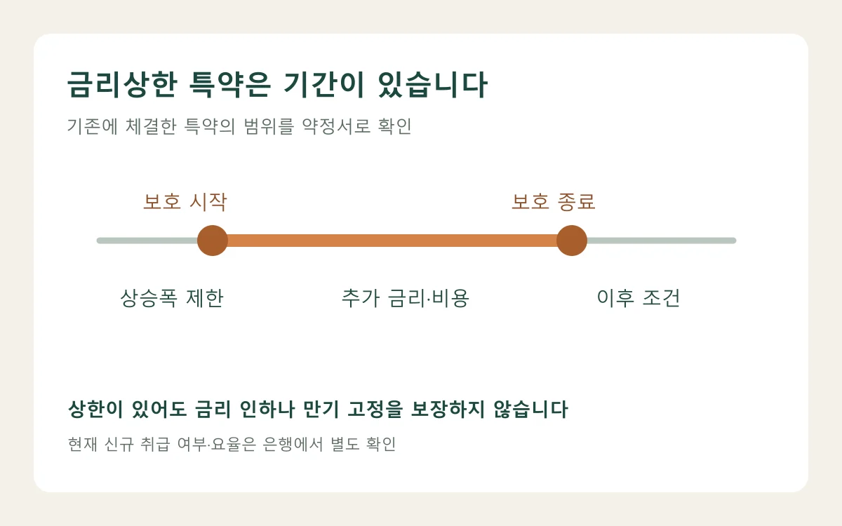 가상 금리상한 특약의 보호기간 안과 밖을 구분하고 추가금리와 상승폭 한도를 확인하는 도해