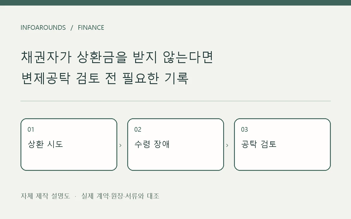 상환 시도, 수령 장애, 변제공탁 검토를 구분한 자체 제작 개념도