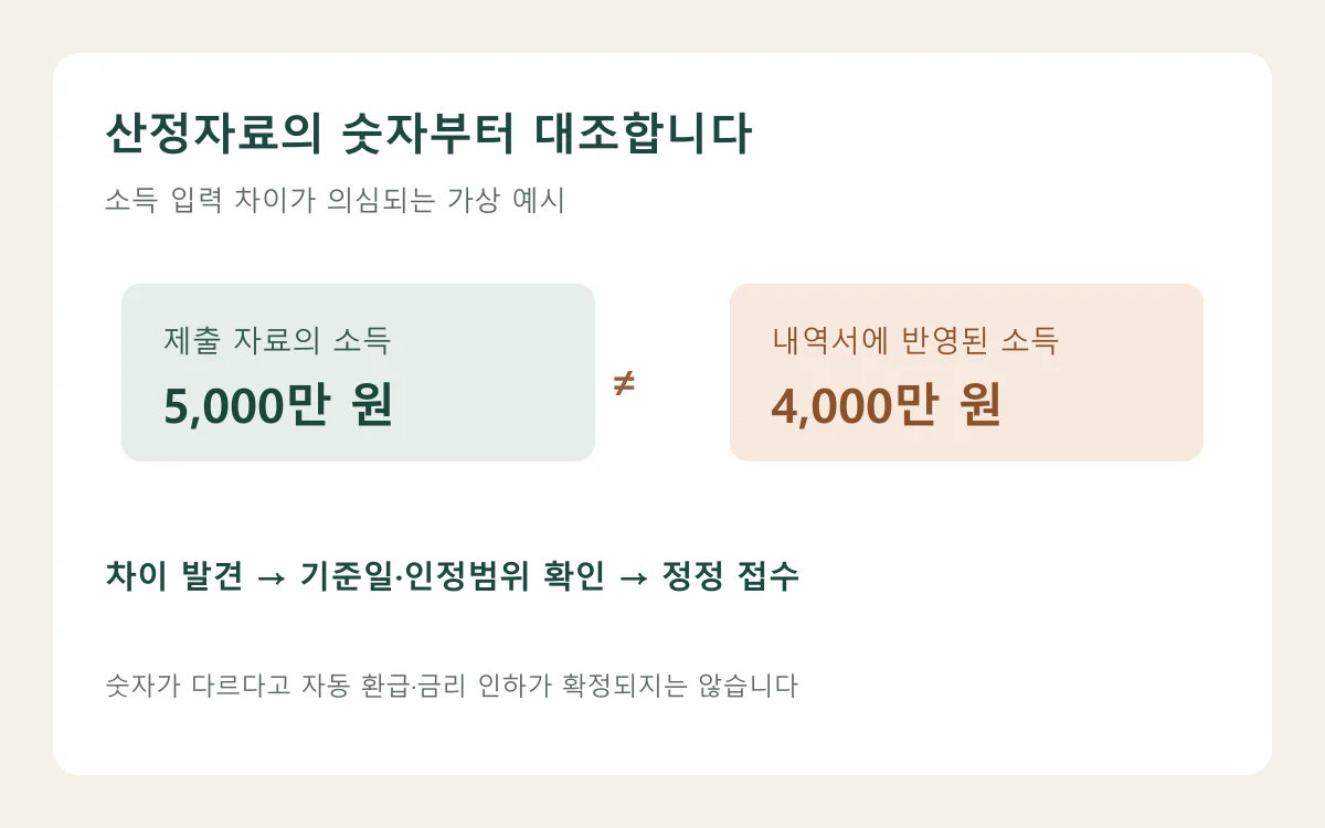 가상 금리산정내역서의 제출 소득 5천만 원과 반영 소득 4천만 원을 나란히 비교하는 오류 확인 도해