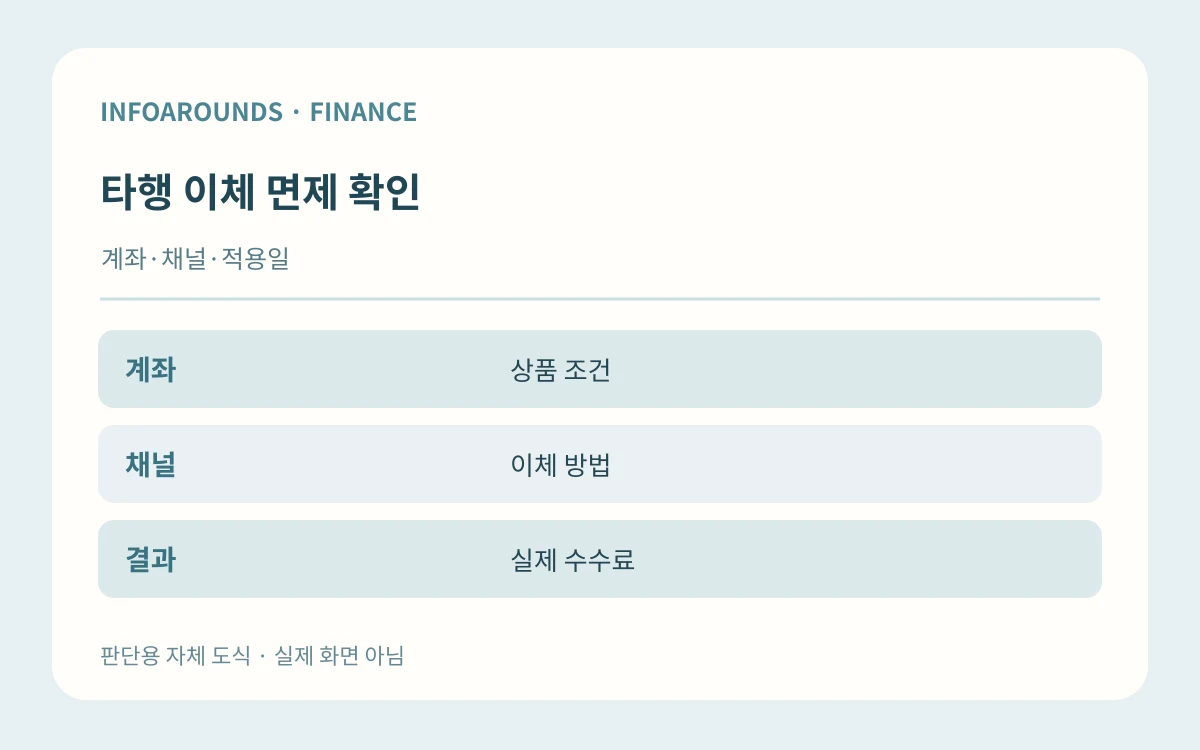 타행 이체 면제 확인. 계좌·채널·적용일. 계좌 — 상품 조건; 채널 — 이체 방법; 결과 — 실제 수수료. 자체 제작 설명 그림