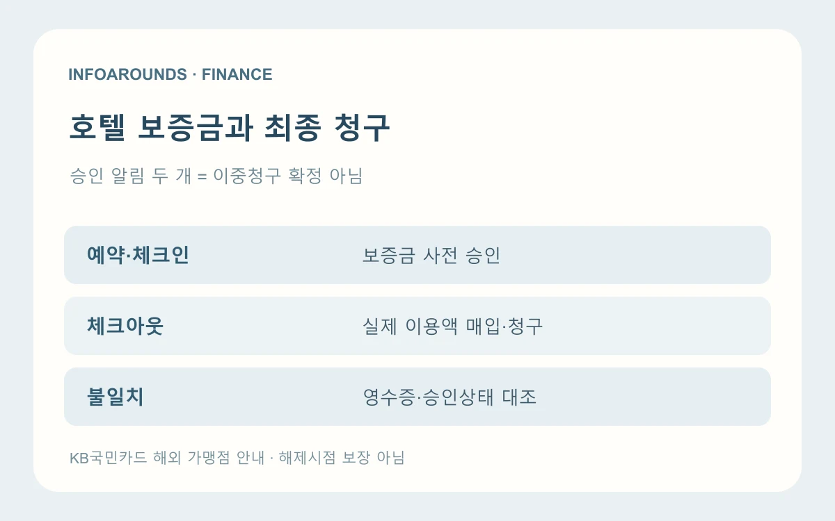 해외 호텔 카드 보증금 사전 승인과 체크아웃 최종 매입·청구, 차이가 남으면 영수증 대조를 표시한 자체 제작 도식