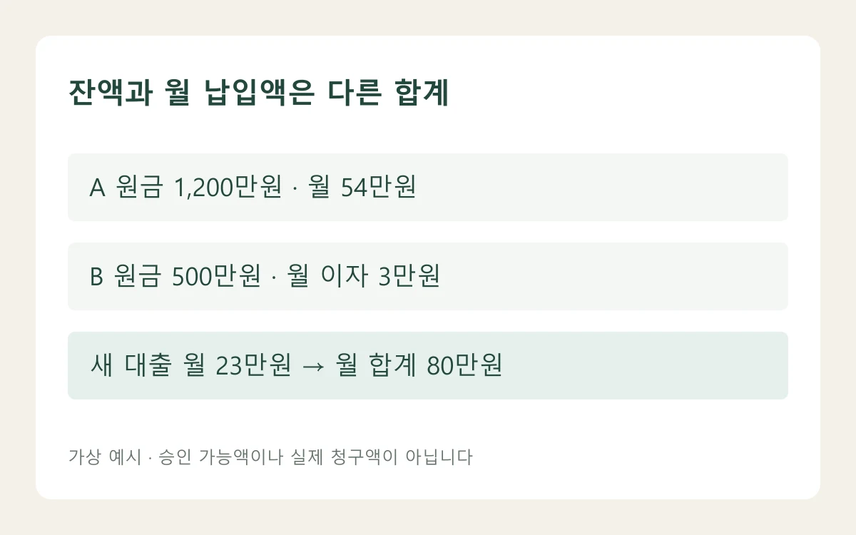 잔액과 월 납입액은 다른 합계: 숫자 사례로 구분한 자체 편집 도해
